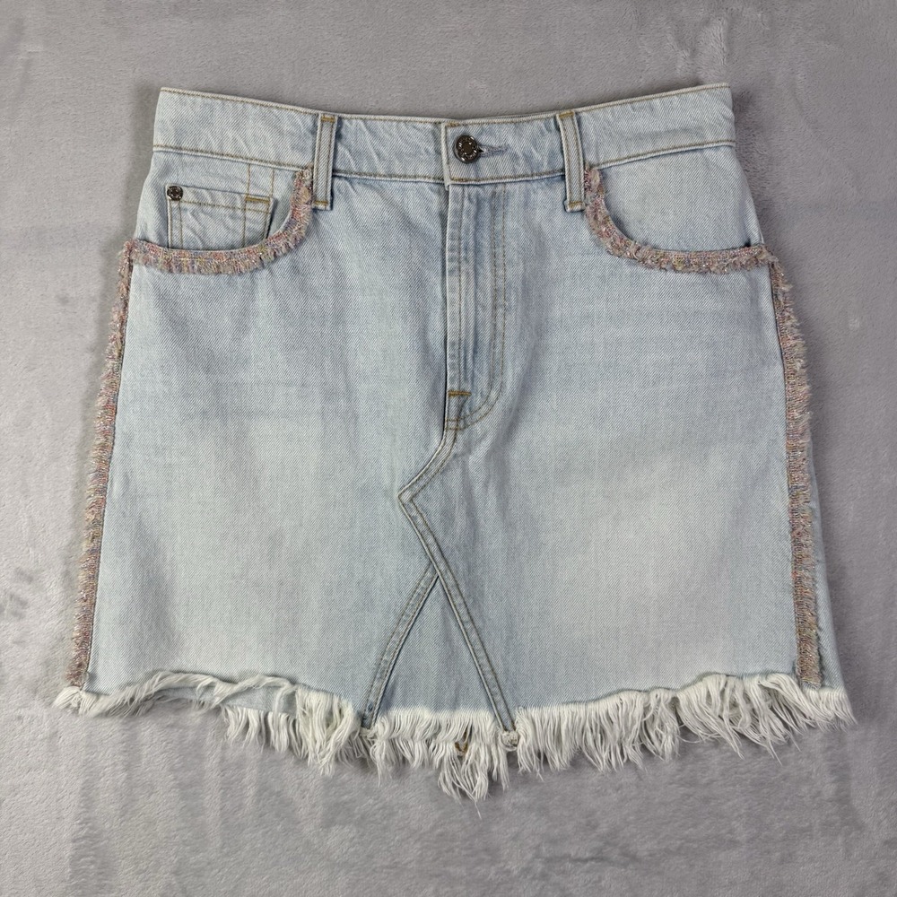 7 For All‎ Mankind Denim Mini Skirt 28 Light Wash Fringe Hem Western Festival